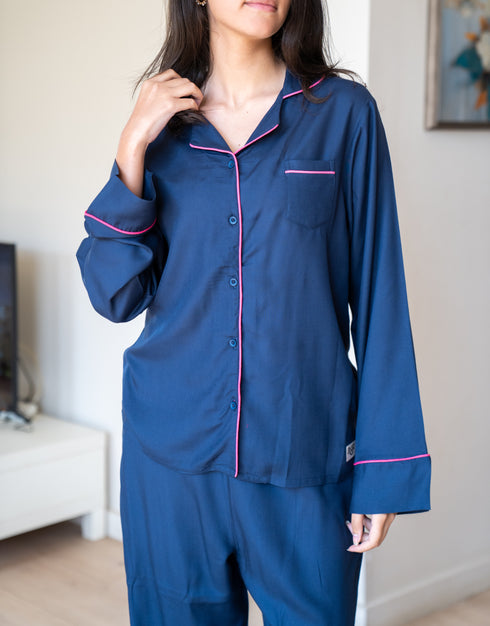 Women Summer Pajama Set Dark Blue buttoned shirt + Pants